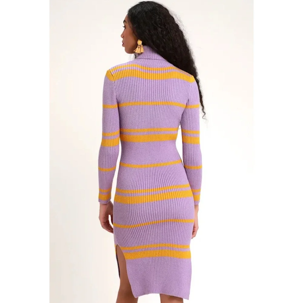 Moon River Turtleneck Midi Dress L Purple Yellow Striped Ribbed Retro Mod